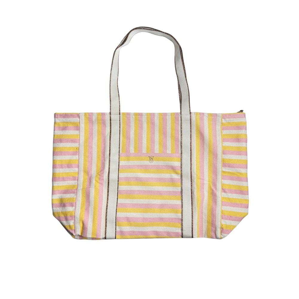 Victoria's Secret Pink Yellow Striped Canvas Tote Bag Metallic Trim 11282876